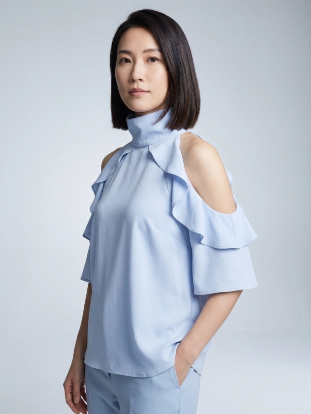 TOPSHOP BABY BLUE RUFFLE OPEN ARM TOP SZ S 4